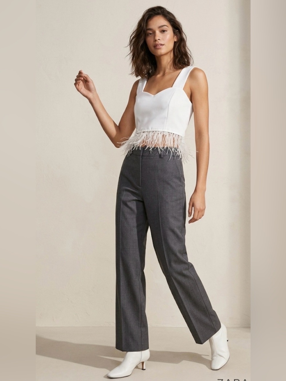Zara Woman White Stretch Knit Crop Top with Ostrich Feather Trim - Size XS / S